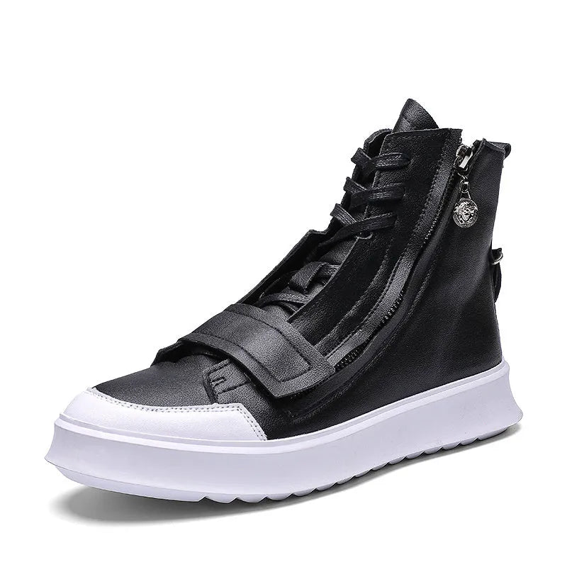 Men's black and white PU leather ankle boots in high-top sneaker style for winter.