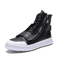 Men's black and white PU leather ankle boots in high-top sneaker style for winter.