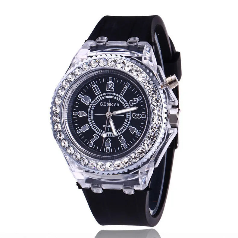 Women's LED luminous watch with round 43mm dial and silicone bracelet in multiple colour options