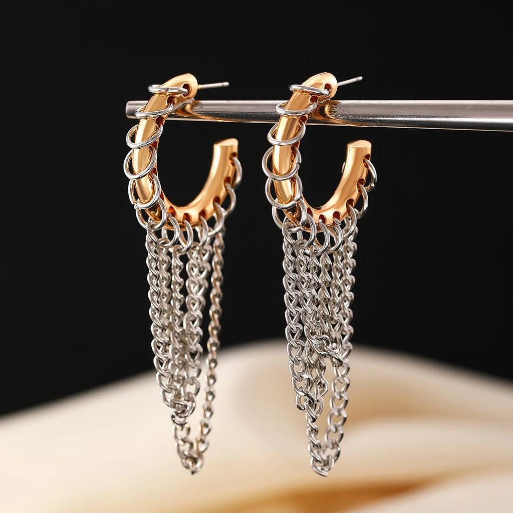 Punk exaggerated long tassel colour collision earrings alloy geometric round shape