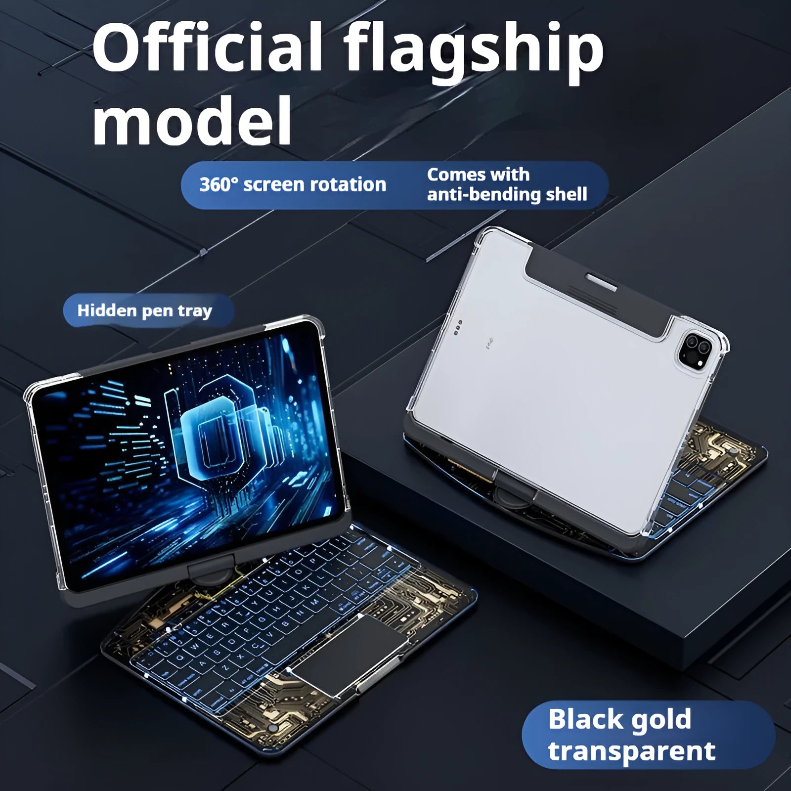 Transparent rotating wireless keyboard case for iPad Air 5 tablet showing 360-degree hinge mechanism