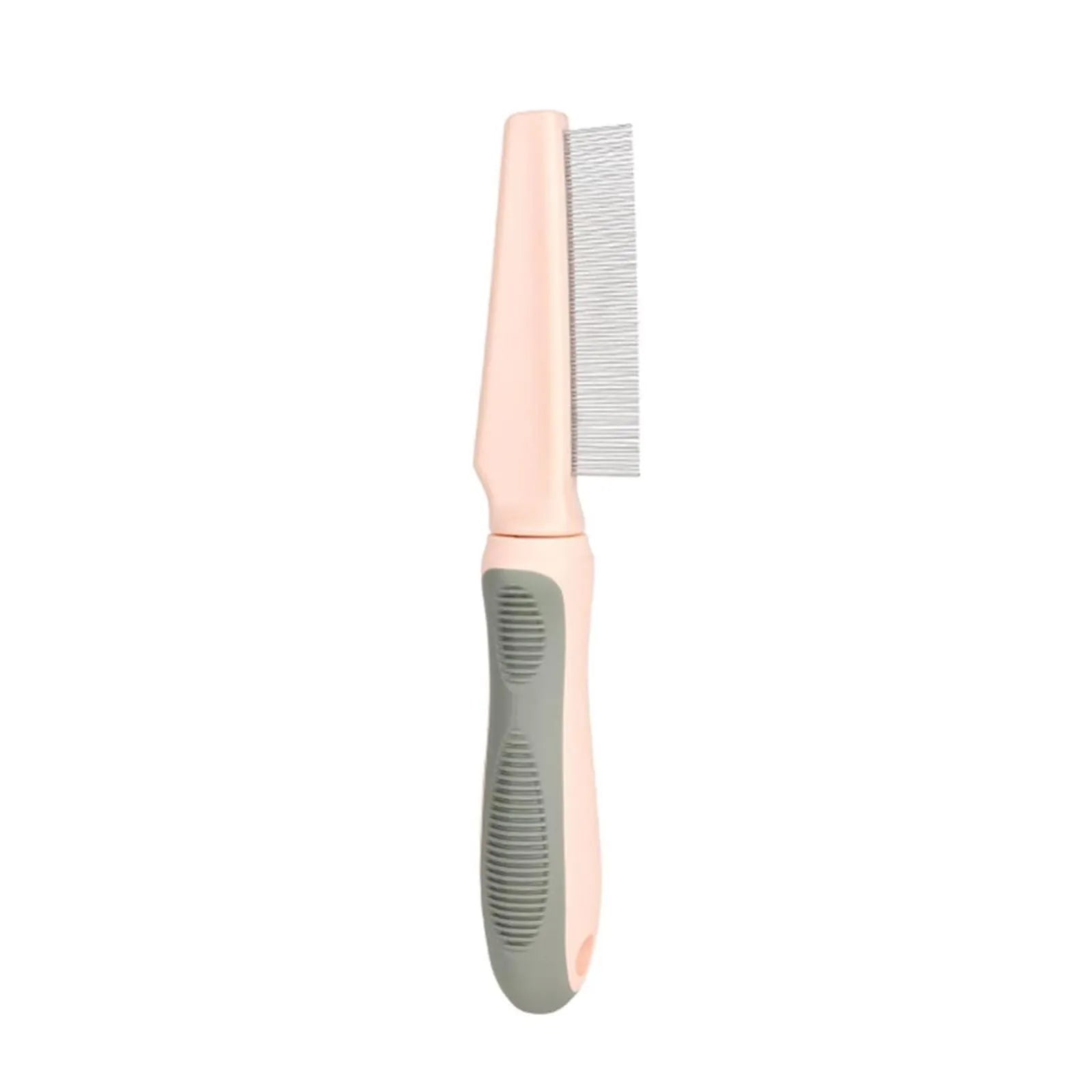 Blue pet detangler comb with rubber handle showing three comb teeth configurations