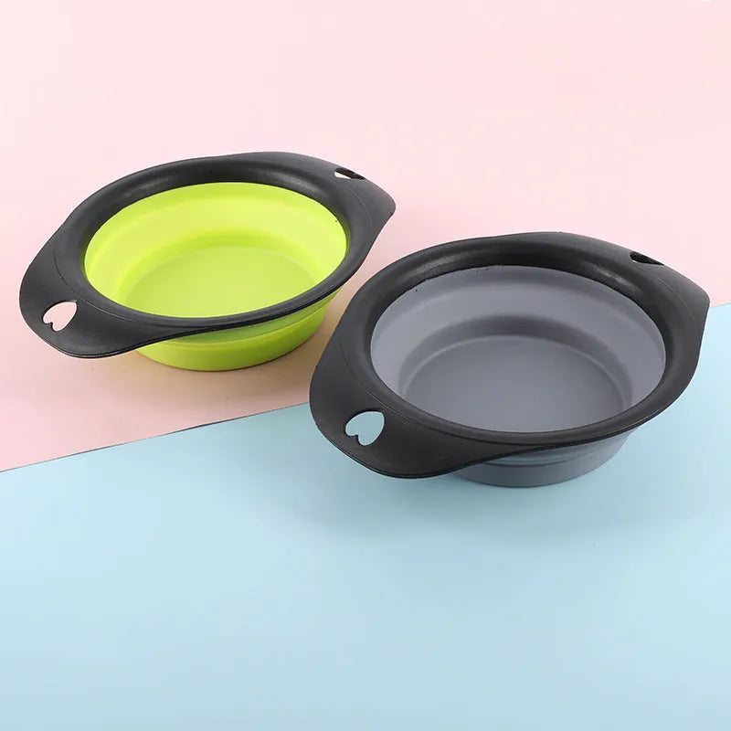 Silicone folding pet bowl shown open as shallow dish and folded flat for storage