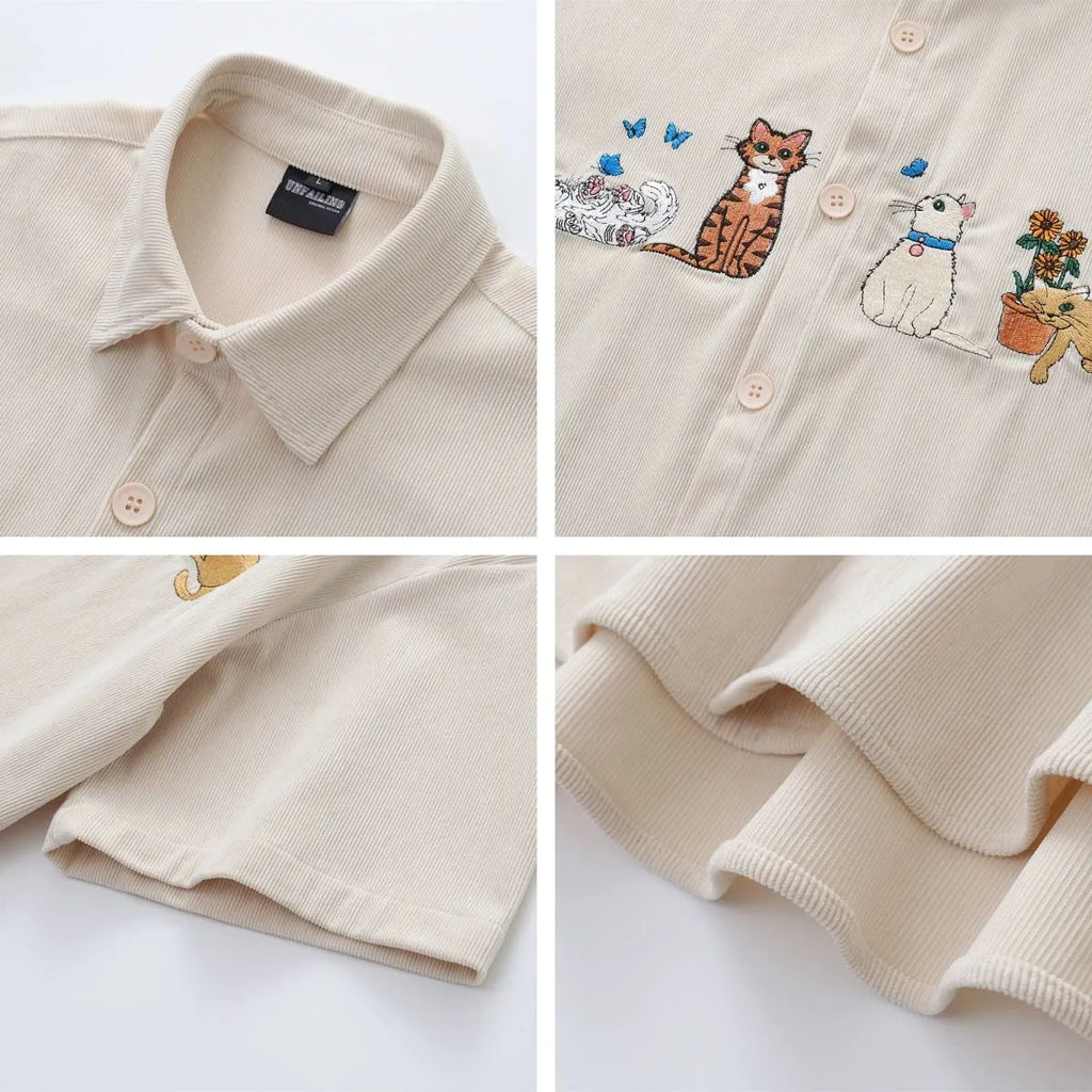 Loose cartoon embroidery shirt casual cardigan in apricot colour