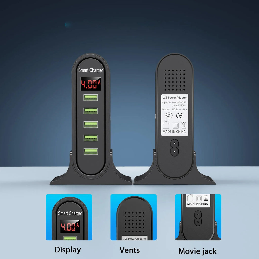 Smart LED digital display USB charger in black or white with choice of plug styles.