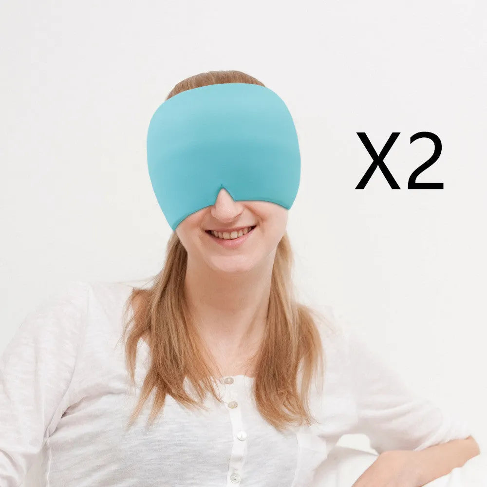 Black elastic cloth cooling gel eye mask for headache relief showing adjustable fit