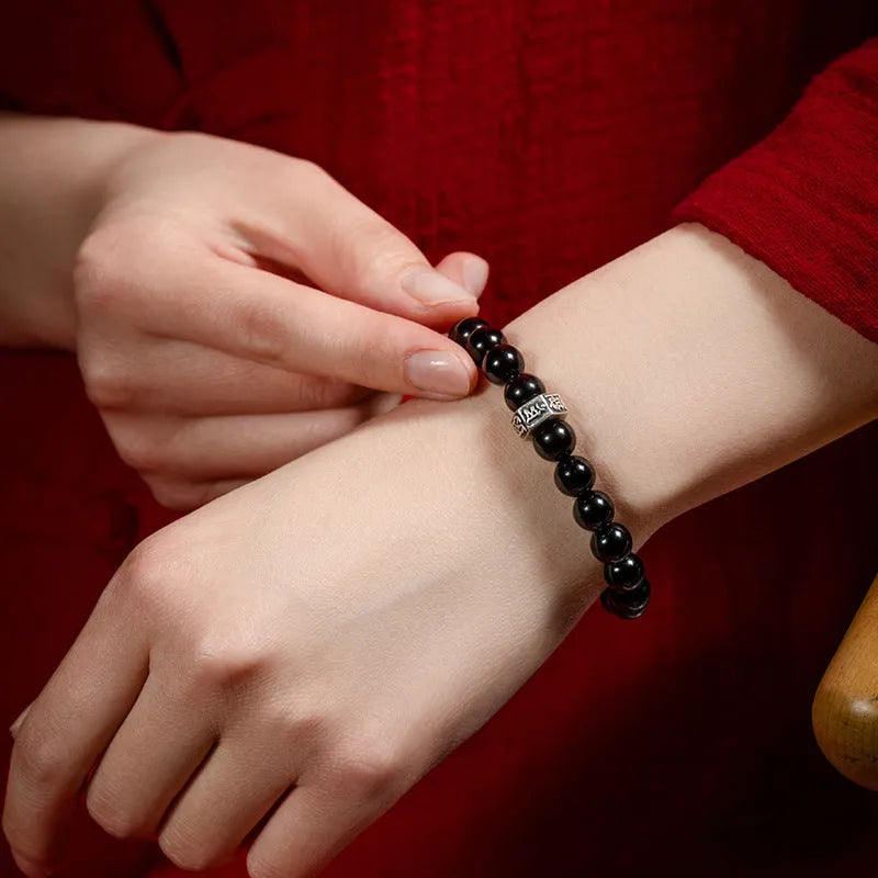 Old pit obsidian 8mm bracelet with zodiac Buddhist bead designs for women.