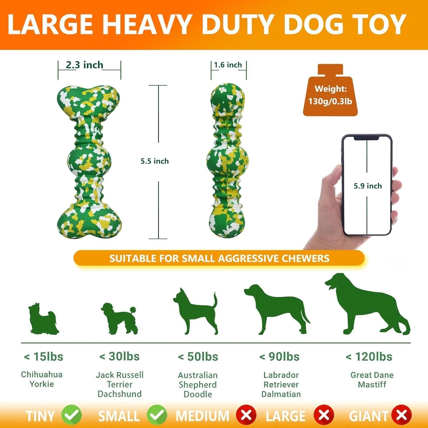 Green, white, and yellow camouflage pattern natural rubber dog chew bone for large breeds.
