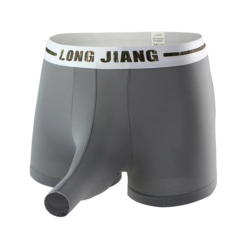 Men's solid colour Ice Silk boxer shorts with a trunk open design on a mid-waist fit.