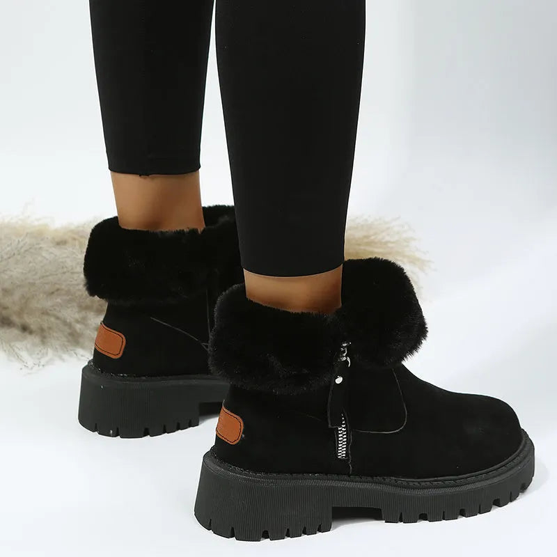 Women's black thick plush high-top snow boots with a side zipper and rubber sole