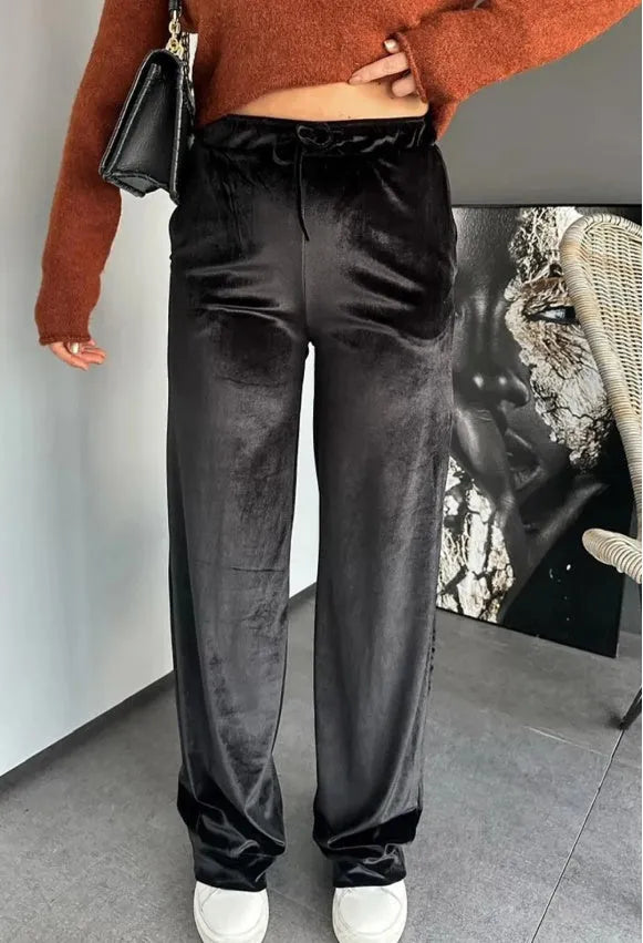 Black shiny velvet high waist straight leg casual pants with drawstring