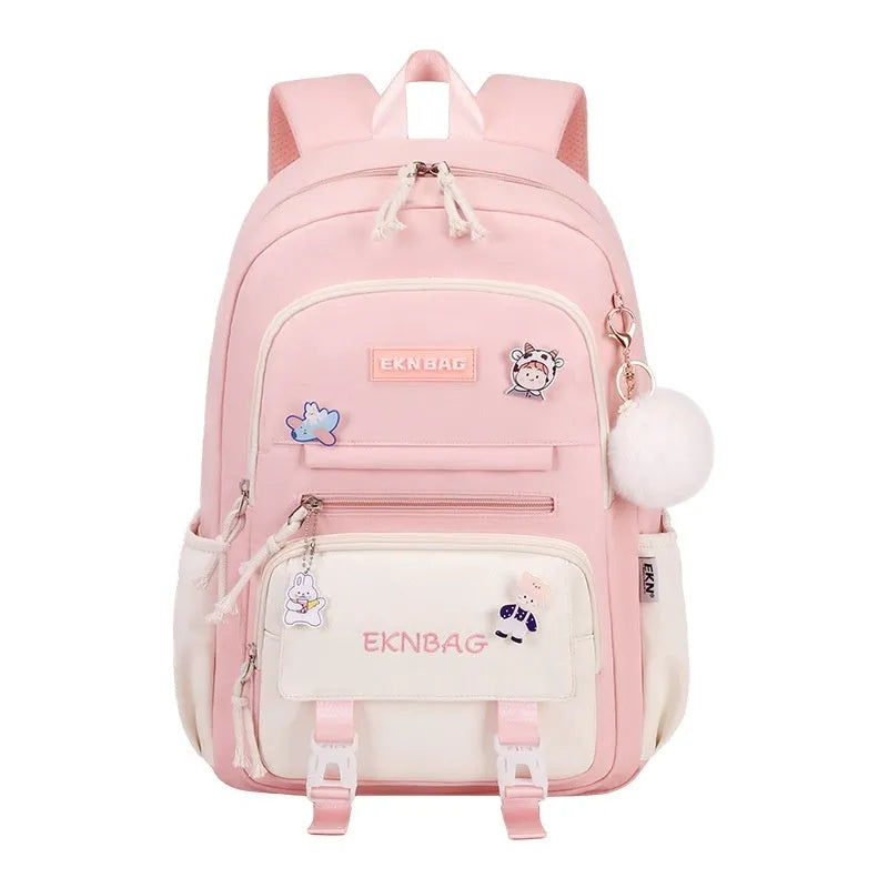 Pink waterproof Oxford cloth school backpack for girls with curved shoulder straps.