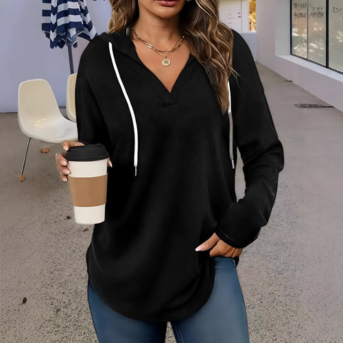 Red women's V-neck hooded sweatshirt with loose fit on a hanger, showing medium length.