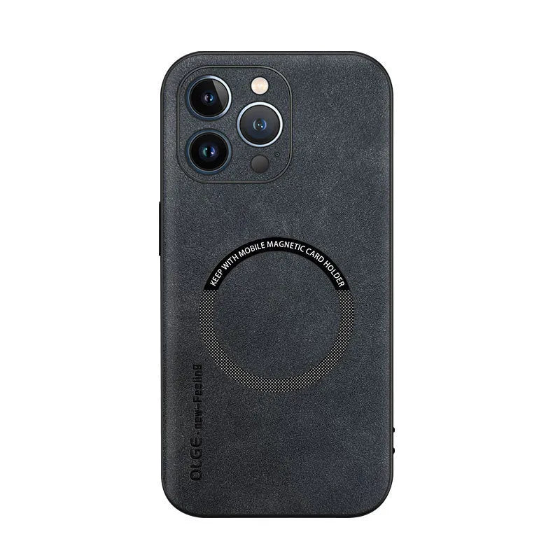 Magnetic sheepskin iPhone case in Graphite Black with built-in magnetic ring and all-inclusive drop-resistant PC shell