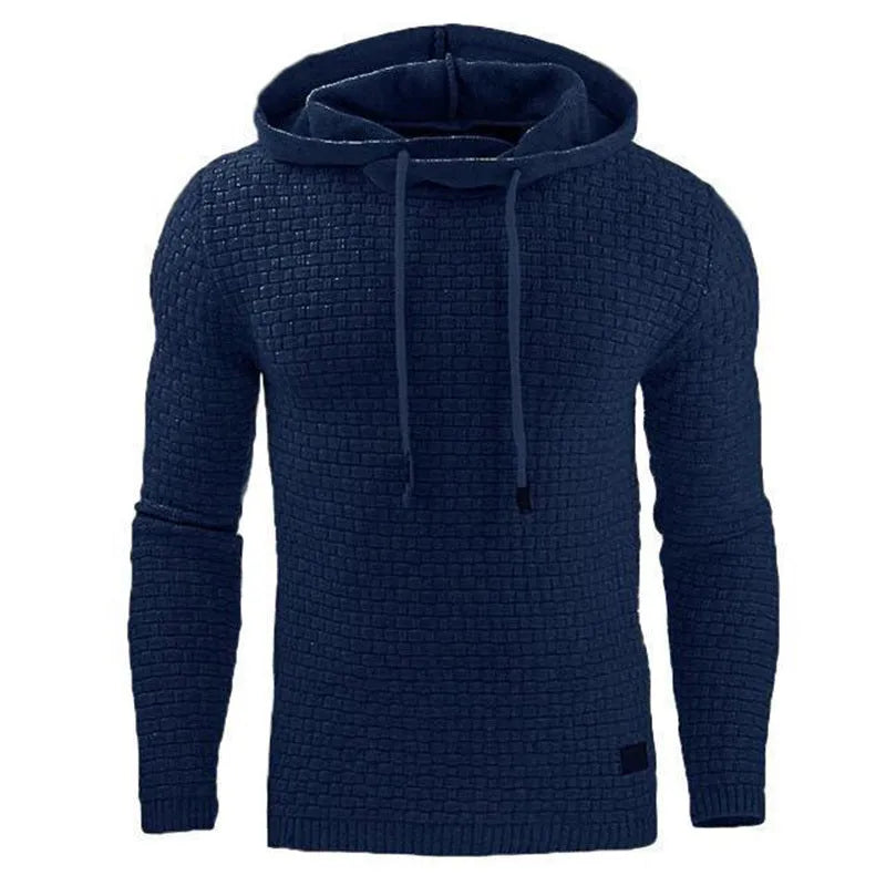 A men's hoodie sweater in a cotton and polyester blend, shown in one of nine available colours.