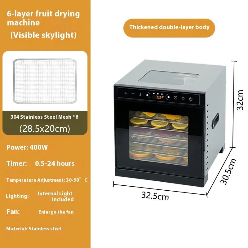 Stainless steel food dehydrator with visual skylight window, LED panel, and multiple drying trays