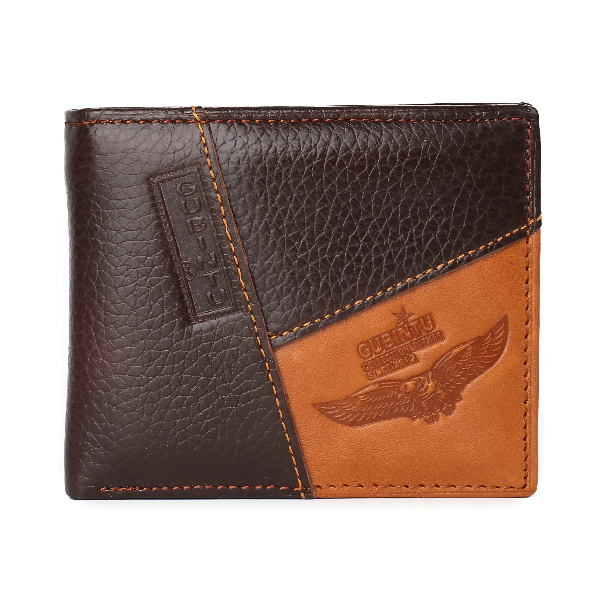 Horizontal brown leather men's wallet with contrast stitching, shown open to reveal card slots and a zippered coin pocket.