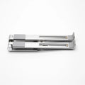 Black aluminium adjustable notebook stand for laptops on a desk.