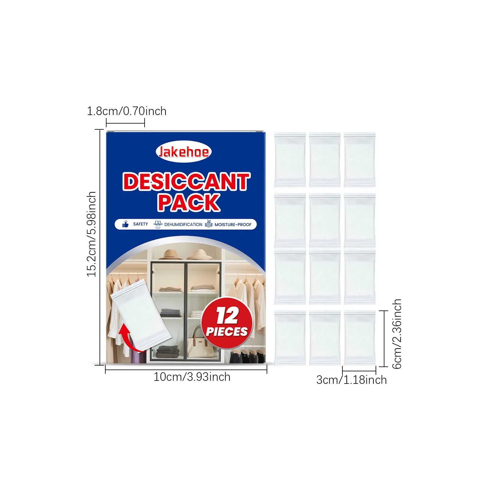 Pack of 12 white hanging desiccant bags for household moisture and odour control
