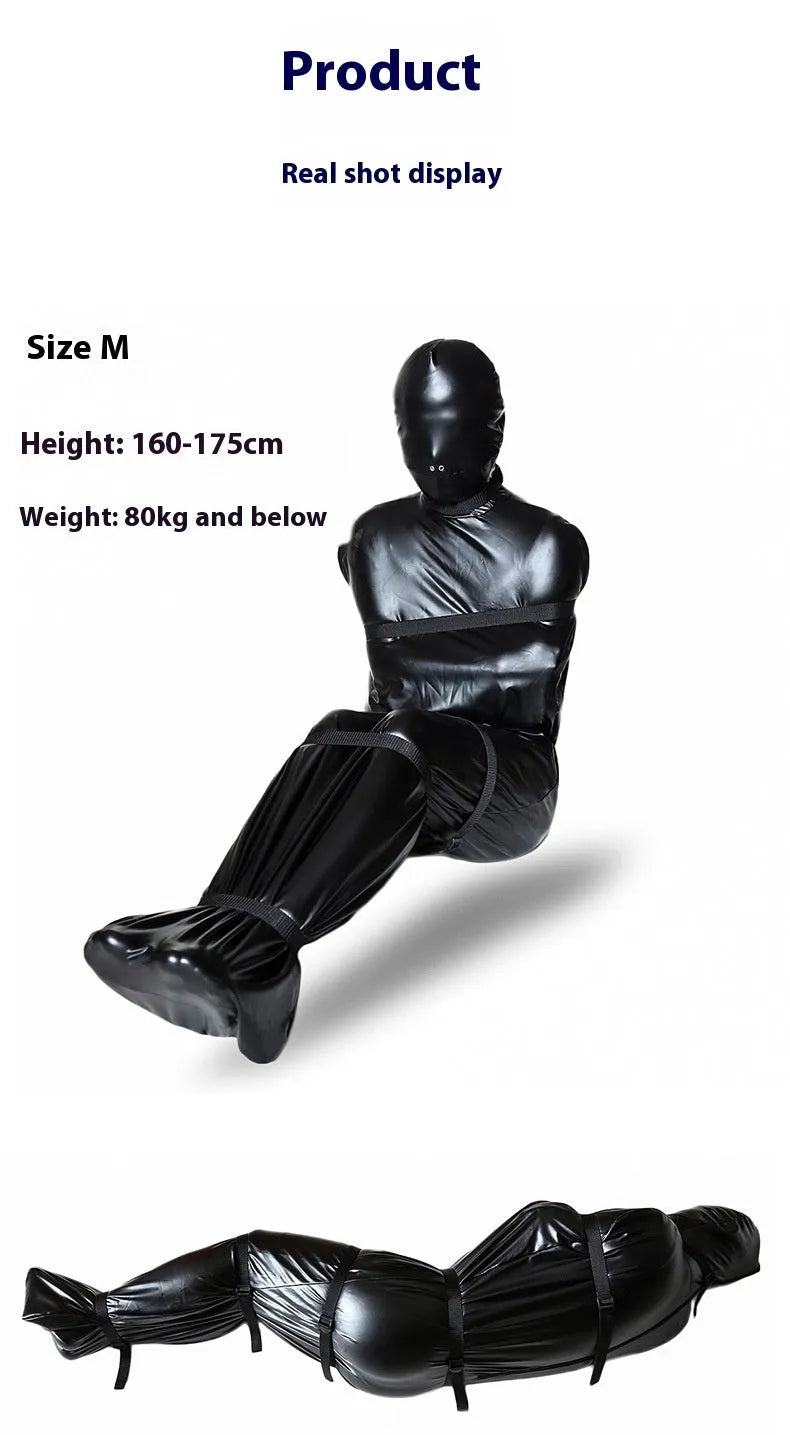 Black patent leather bondage set with full-coverage garment and six ratchet tie-down pieces