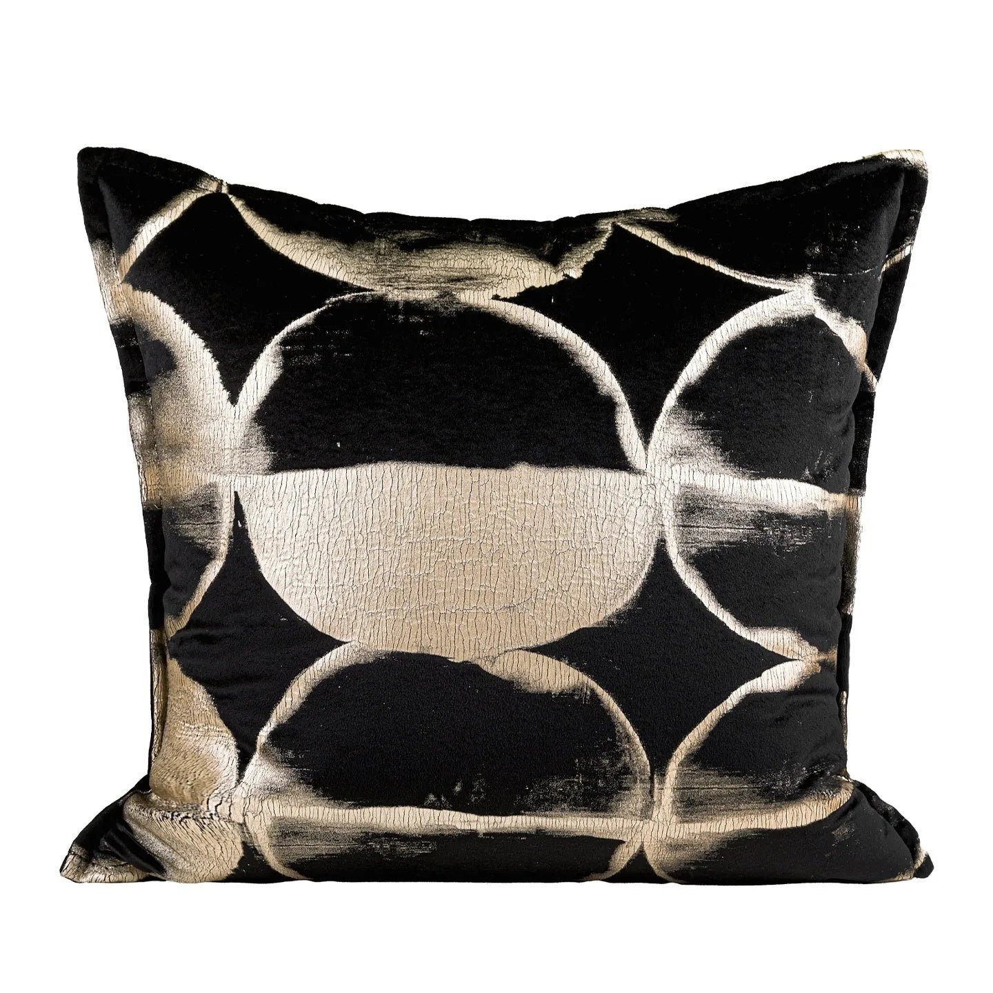 Black and gold abstract pattern flannel cushion cover on a sofa