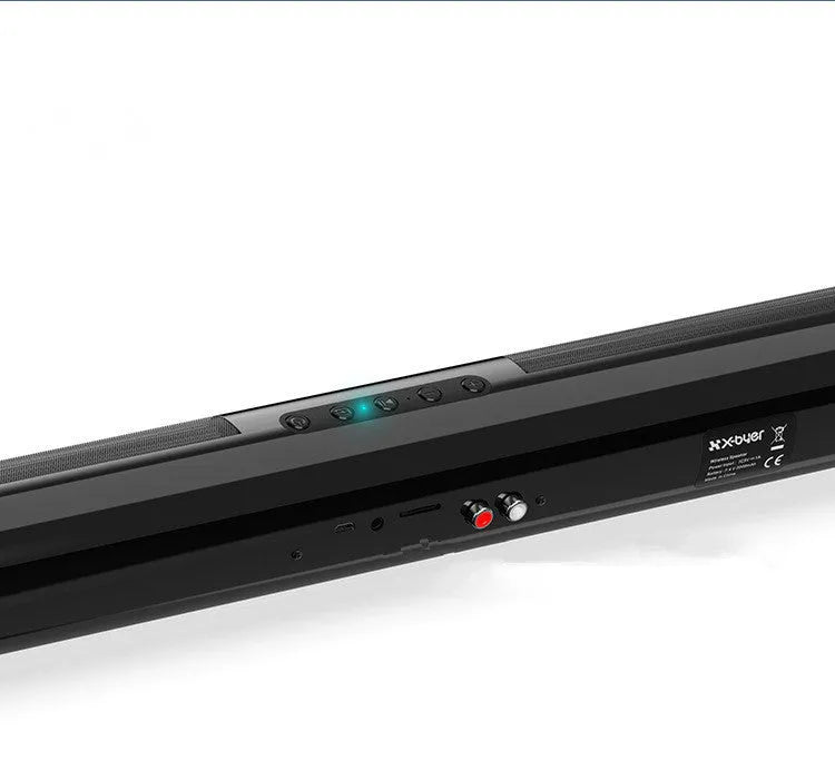 Black high-power Bluetooth sound bar speaker, 58.5cm long, with multiple control buttons and ports.