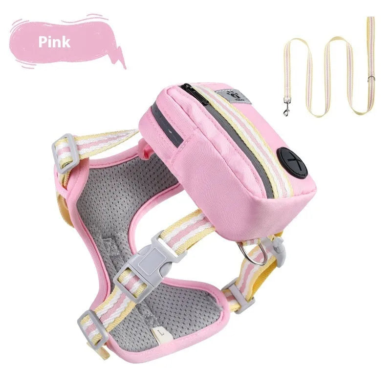 Pink dog harness with anti-pull design, adjustable straps, and a metal D-ring on the back.