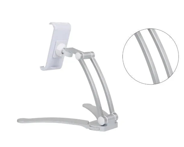Silver aluminium alloy desktop tablet stand with white mount holding a tablet at an angle.