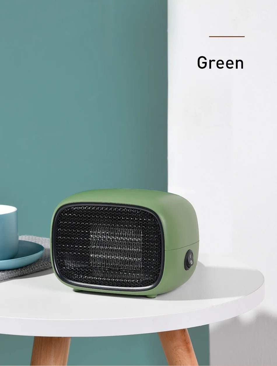 Mini ceramic heater with compact dimensions and green, white, or yellow colour options
