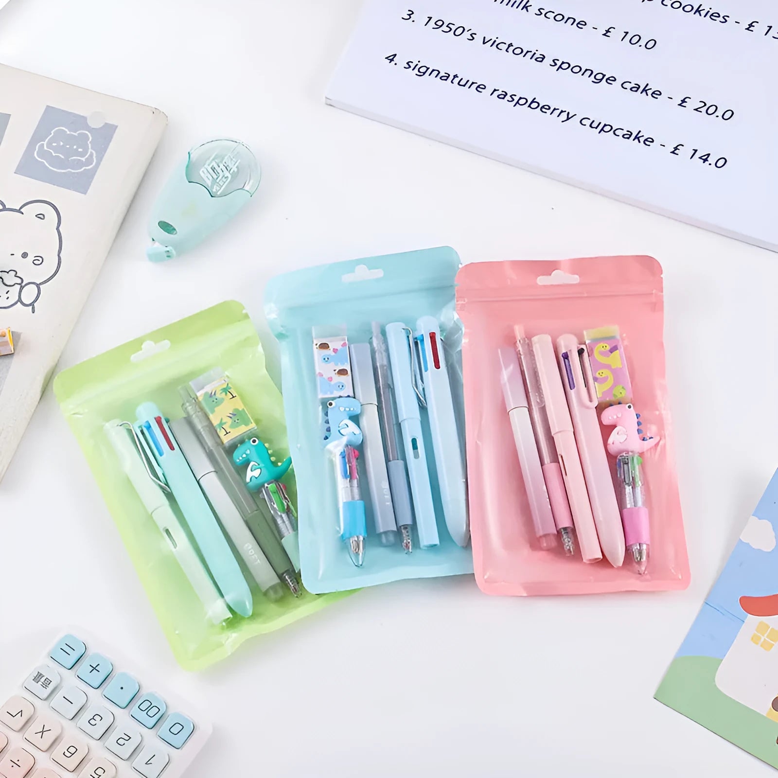 Avocado green 6-piece learning stationery set in compact pack