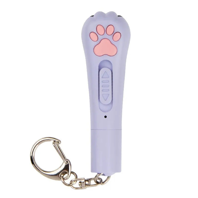 Handheld infrared cat laser toy projecting purple light patterns with colour options of blue, pink, purple, or white
