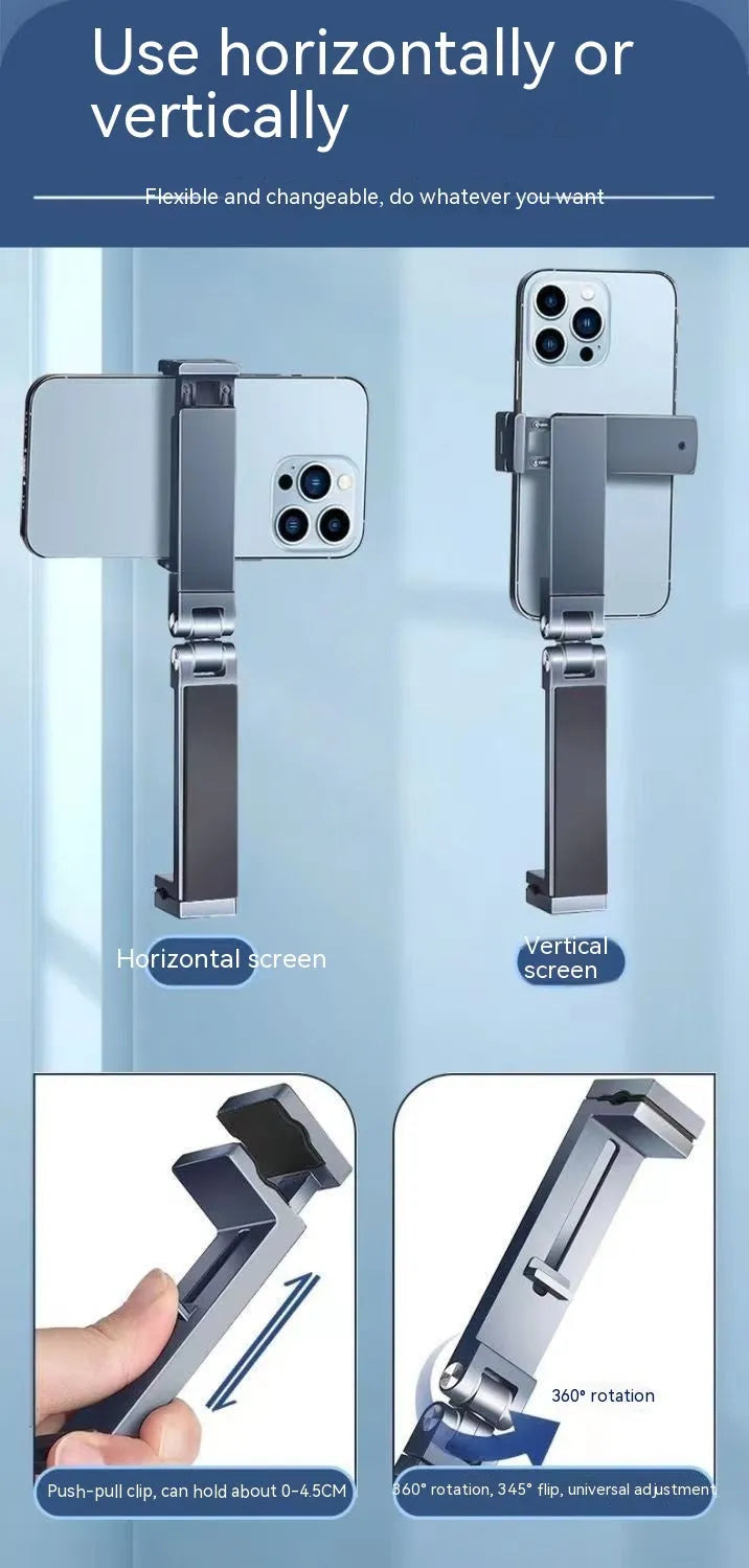 Aluminium alloy foldable clip phone holder in silver or grey, portable universal stand for hands-free viewing