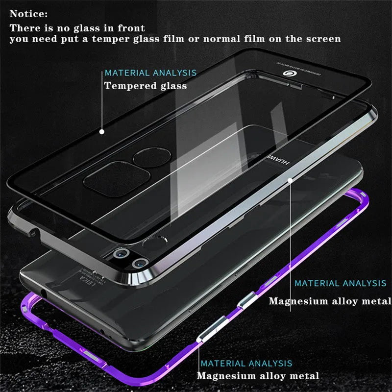 Black magnetic phone case with metal frame and glass back for Huawei smartphones.