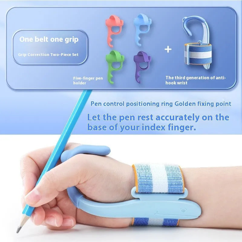 Blue and pink anti-hook wrist brace pen grip corrector for children's handwriting, made from white ABS nylon.