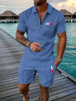 Men's casual retro plaid beach suit set with Paris heat transfer patch short sleeve T-shirt and shorts in multiple colours