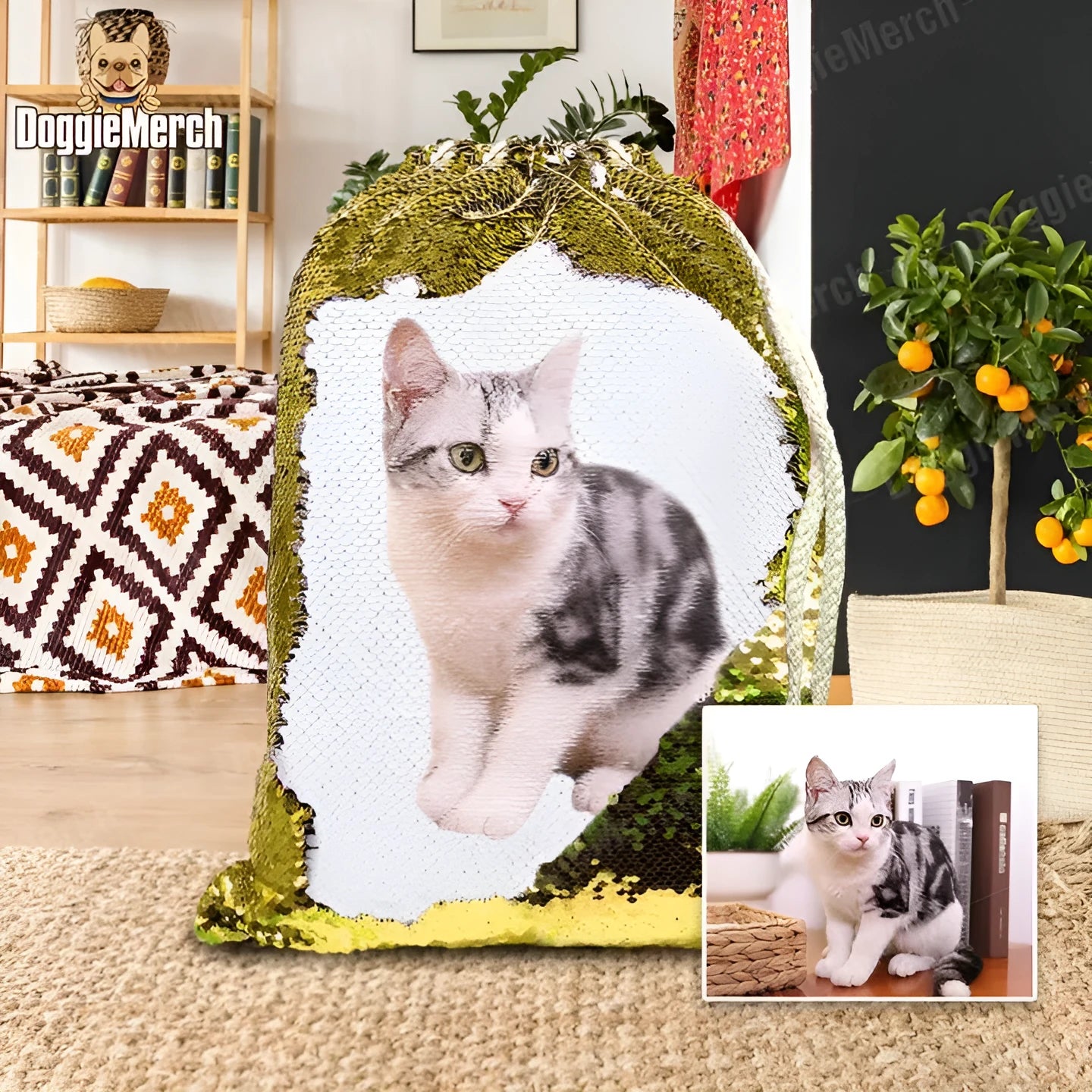Custom purple sequins backpack displaying pet photo with drawstring closure