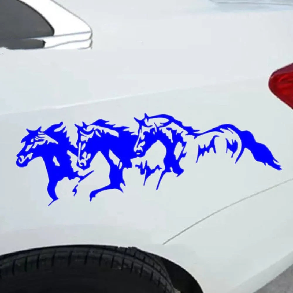 Three Horses design vinyl car sticker measuring 25 by 8 cm in black, white, red, and blue colour options.