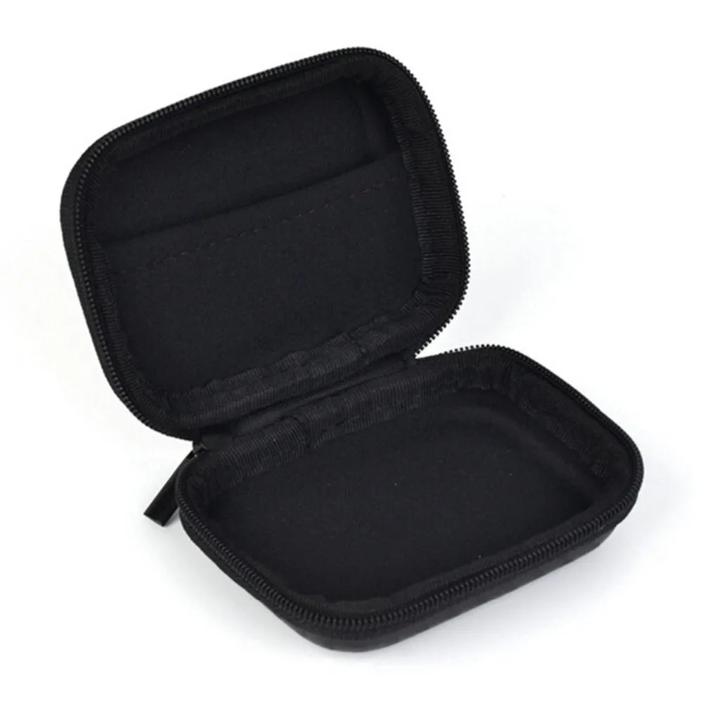 Mini black travel storage case for GoPro and action cameras, compact size 7.5cm x 5.5cm x 2.5cm