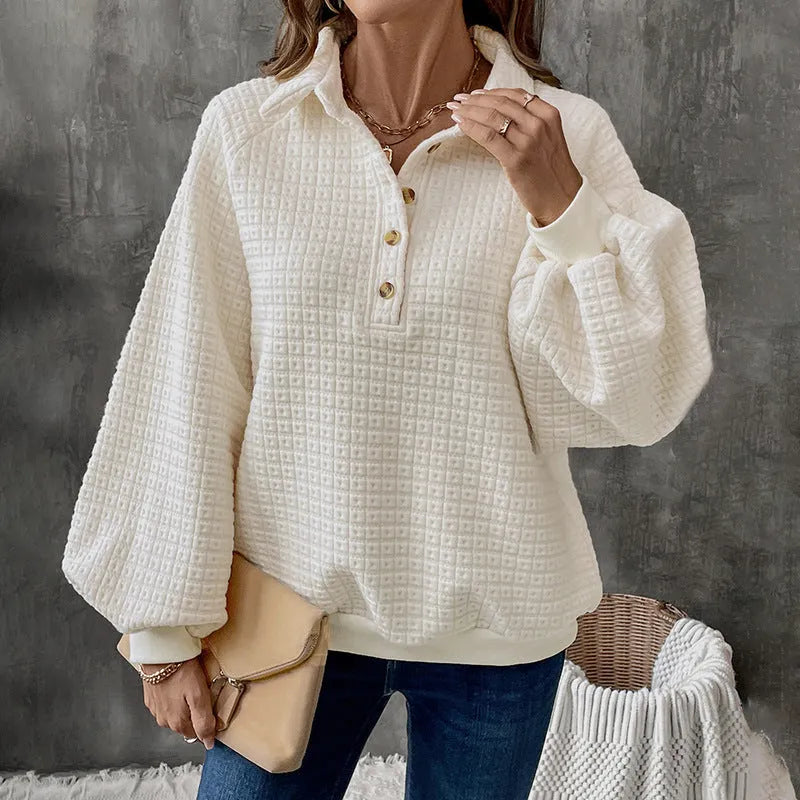 Women's milky white polo collar sweater with long sleeves and solid colour design
