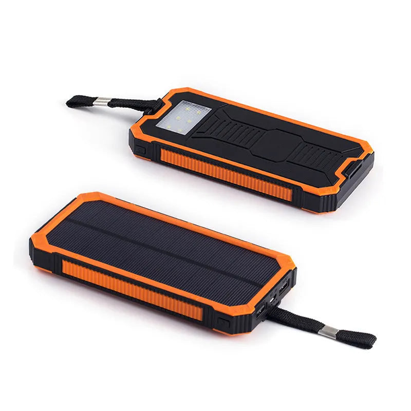 A solar power bank in black, green, orange or yellow, showing solar panel and compact 161x79x17mm size.