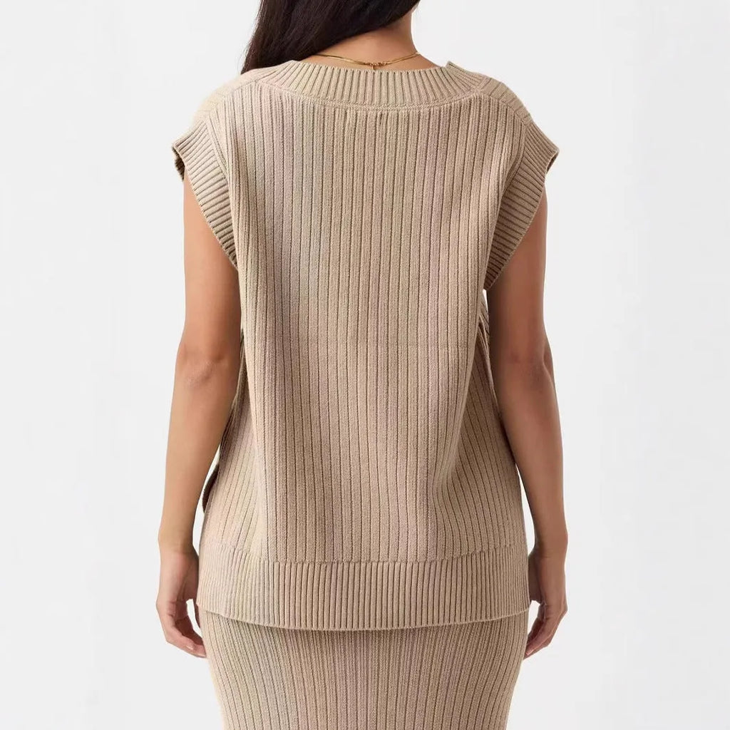 Women's camel colour V-neck sleeveless casual vest in loose fit viscose fabric