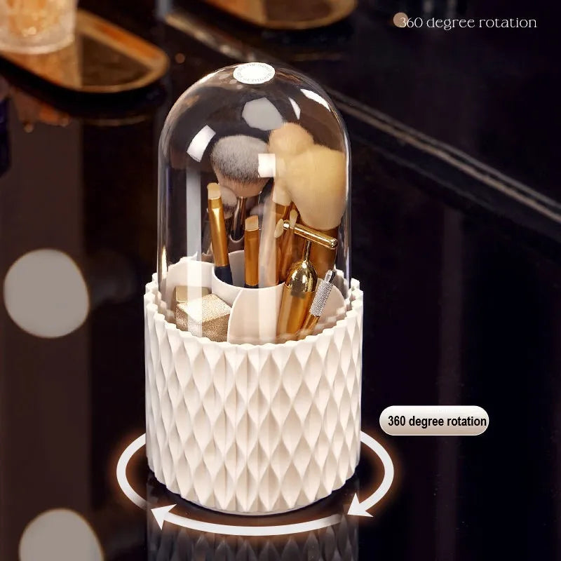White rotating acrylic makeup brush storage box with transparent sides and dustproof lid