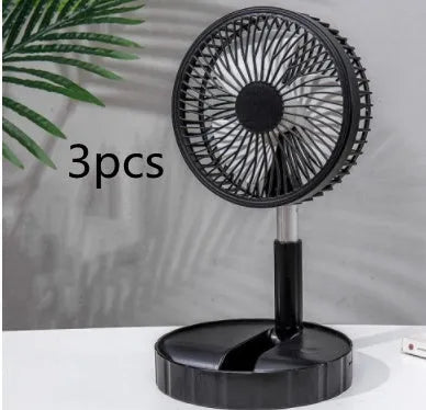Black portable telescopic folding fan extended to full height showing oscillation function and power bank port