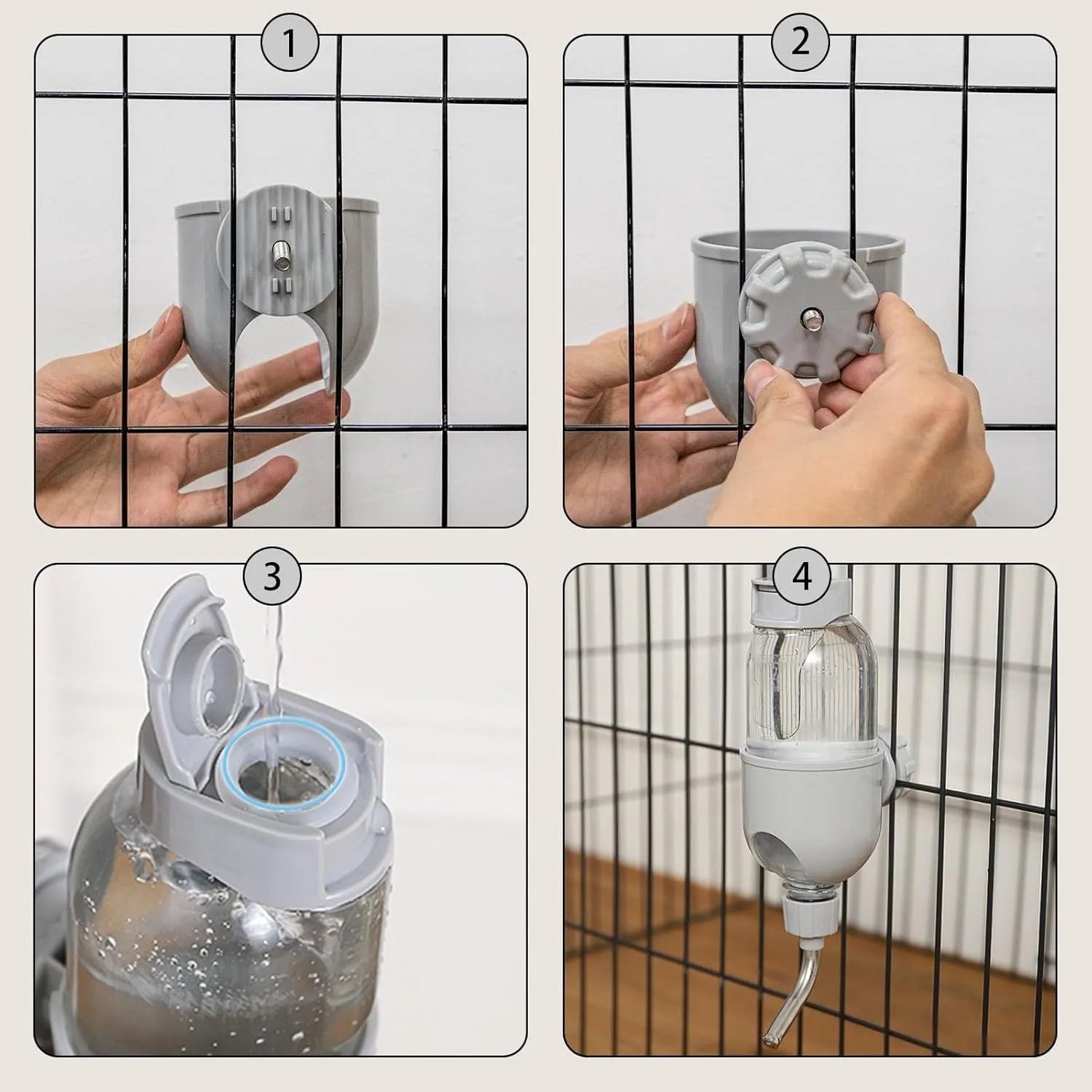 Blue small animal water bottle with rotatable nozzle shown mounted on a cage bar