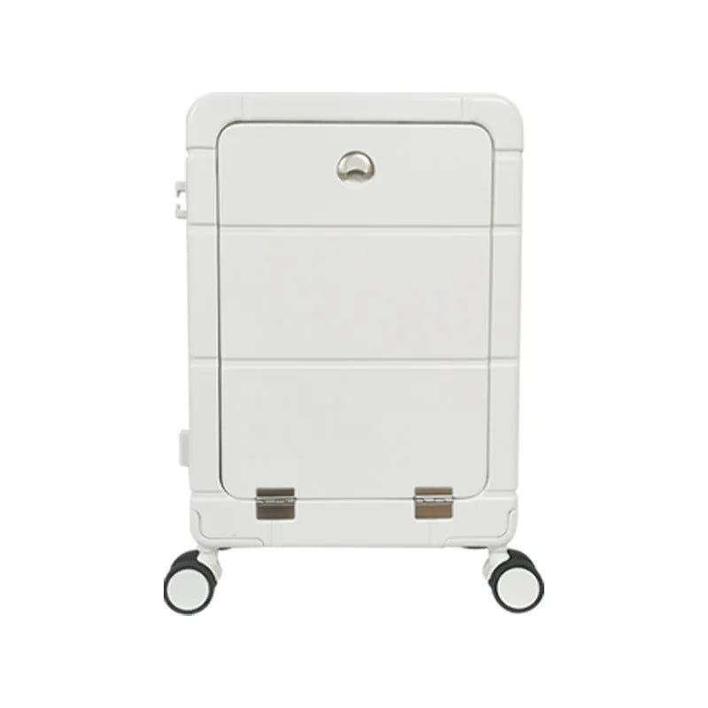 20-inch front opening cabin suitcase in silver with a cup holder and separate wet-dry compartment.