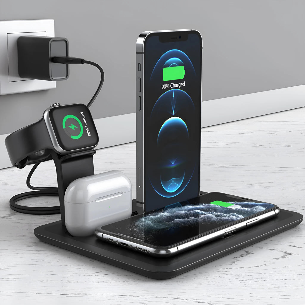 Black desktop wireless charging stand with a phone on its Qi pad and cables connected to its USB ports.