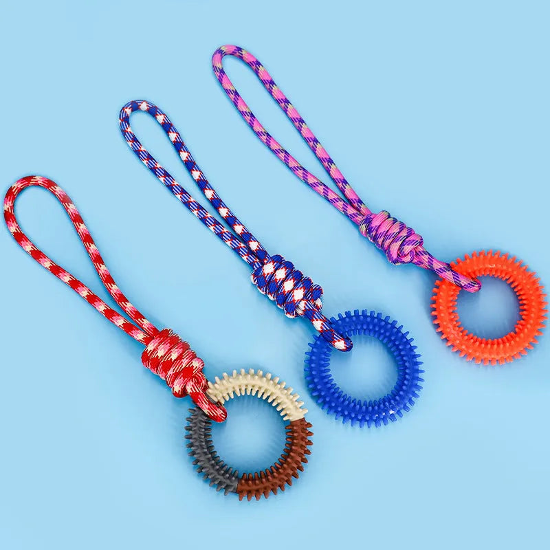 Blue, red and rose red braided rope dog toy with knots for aggressive chewing