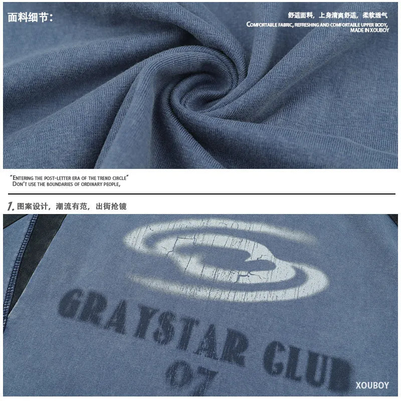 Men's blue hip hop letter print T-shirt with raglan sleeves, loose fit casual top