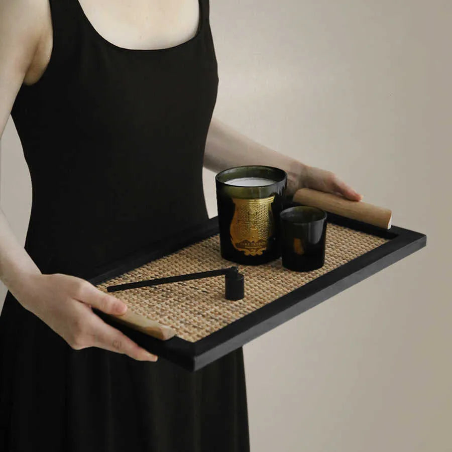 Pine wood tea tray with separate compartments for teapot, cups, and snacks.