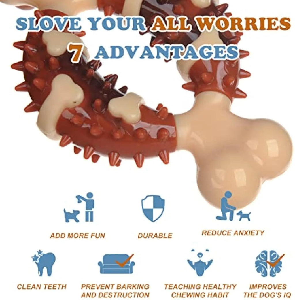 Natural rubber bone-shaped dog chew toy for teeth grinding, shown in large and small sizes.
